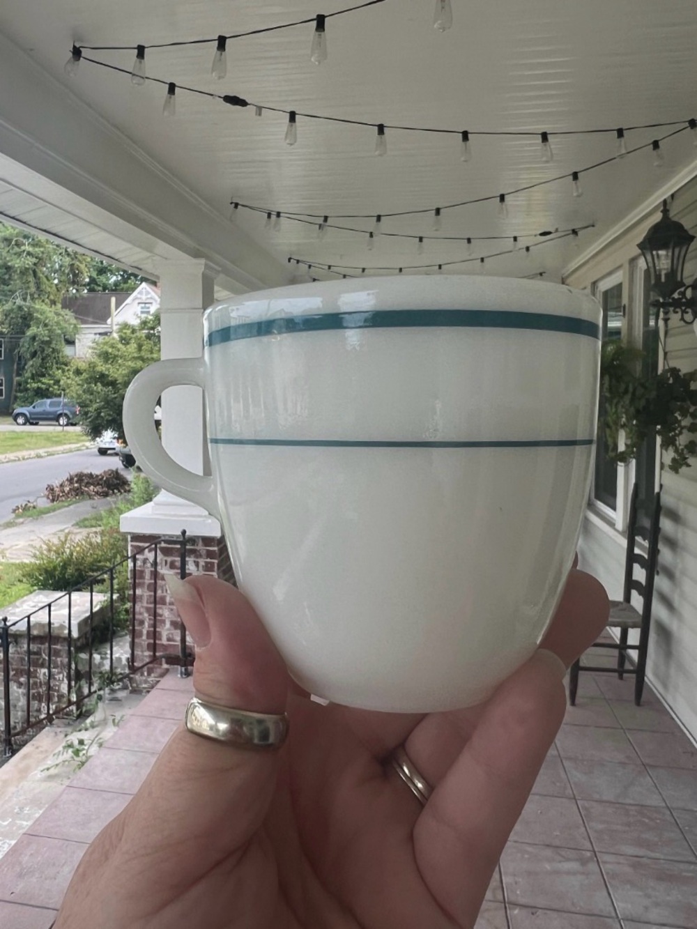 Vintage Mess Hall mug PYREX Army Navy USMC Teal Stripe cup EUC